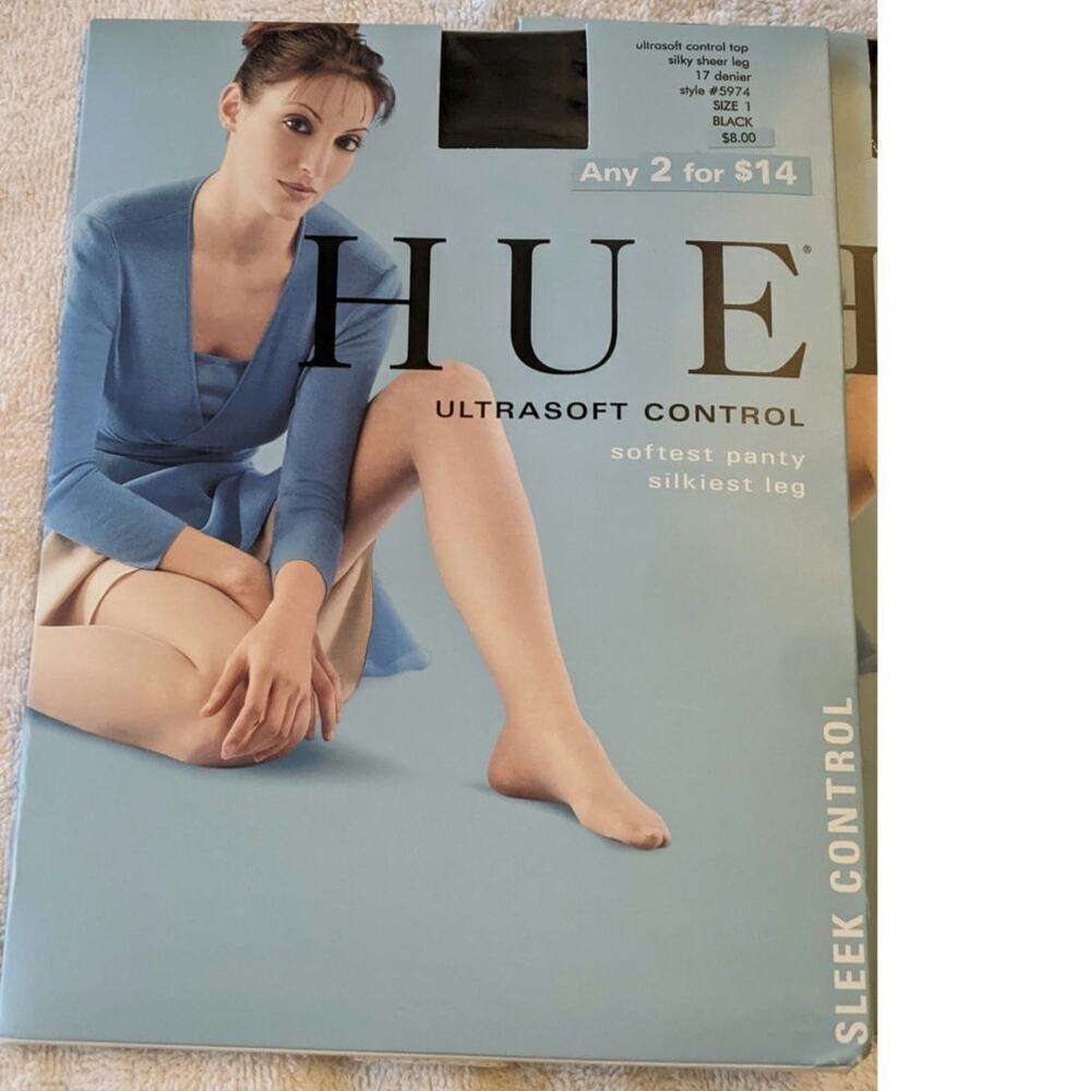 Hue Control Top Sheer Pantyhose, Size 1 NIP, Black Sheer